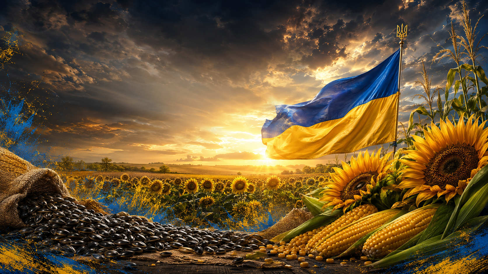 Українське поле соняшнику з прапором на заході сонця